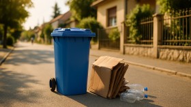 Kék szelektív kuka mellé kihelyezett papír és műanyag csomagolási hulladék Siófok utcájában
